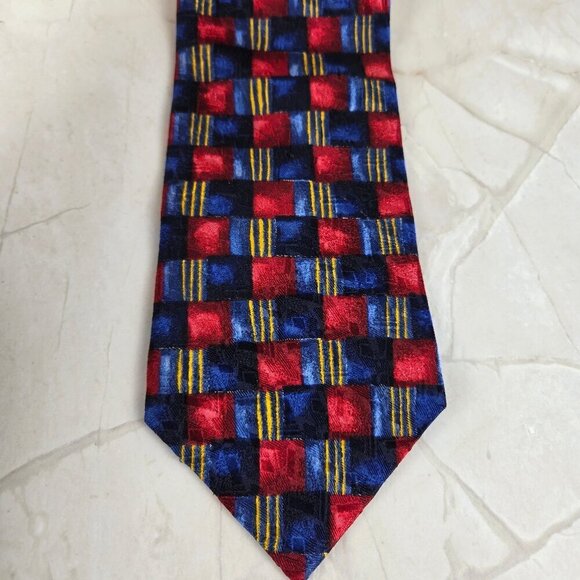 Murano 100% Silk Men's Tie Red & Blue Squares Gold Accent Stripes - Picture 2 of 6
